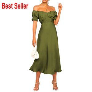 Off Shoulder Satin Midi Dress, Wrap Bust, Formal Cocktail Party Wear